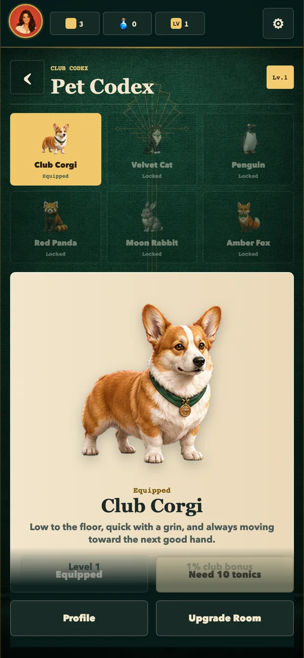 Pet Codex with six badges and the corgi on the main stage.