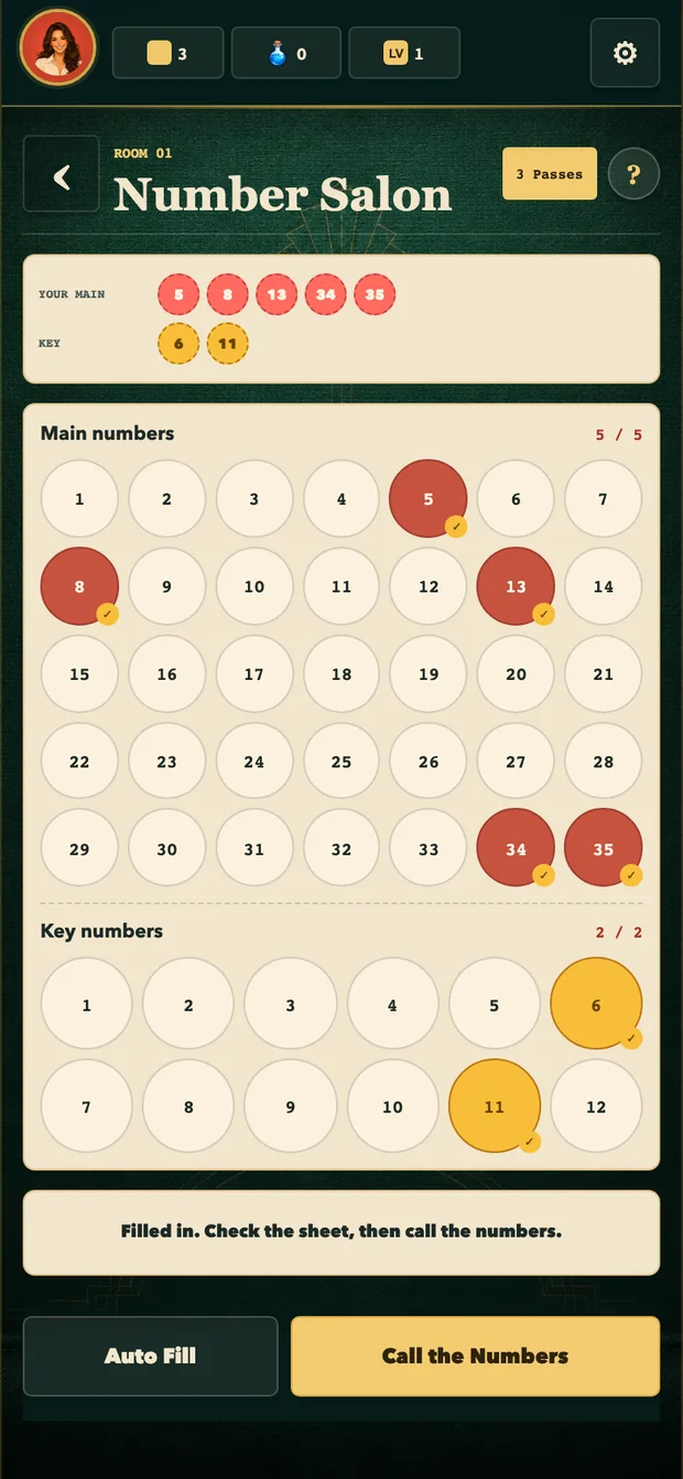 Number Salon sheet with five main numbers and two key numbers filled in.