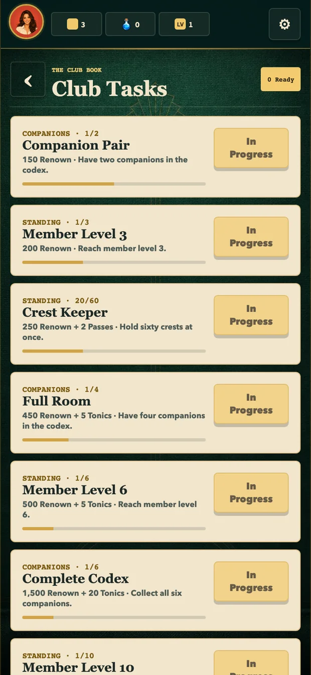Club Tasks list with progress bars.