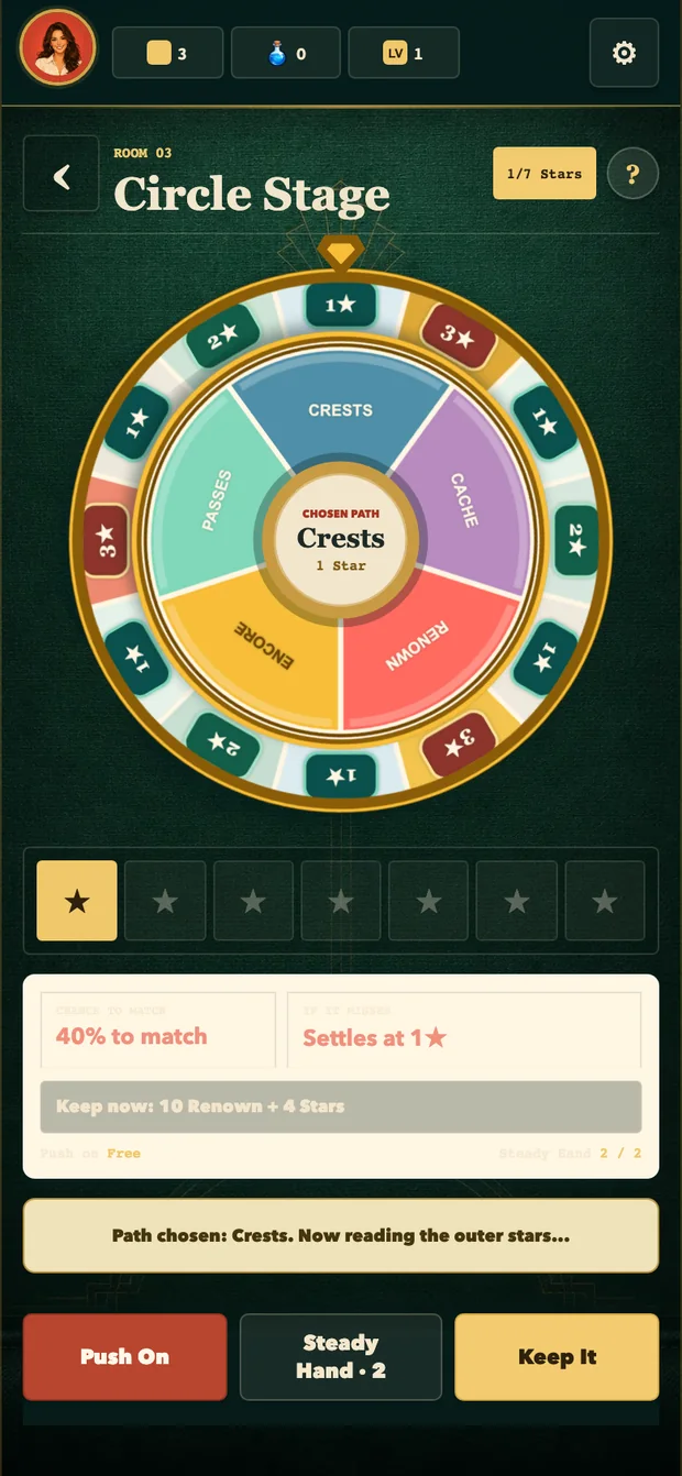 Circle Stage mid-run: the Passes path chosen, one star on the ladder, Steady Hand charges showing.